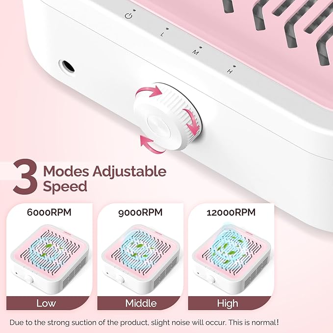 LIONVISON Nail Dust Collector for Acrylic: 120W Professional Nails Dust Collector With Reusable HEPA Filter For Home Salon Use - Portable 3 Speed Vacuum DIY Manicure For Nail Art Beginners (Pink)