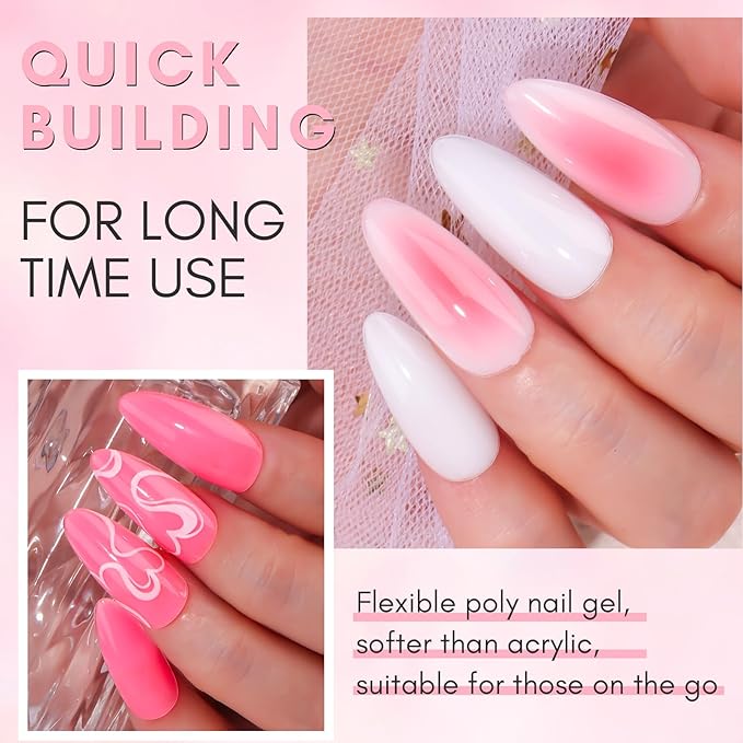 Makartt Poly Nail Gel Set: White & Hot Pink Color, Strong Builder for Extension Strengthener 3D Diy, Long-lasting for Nails French Manicures Home Salon-2PCs 30ML