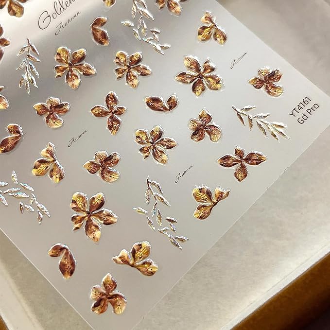 1Sheet Devil Flower Nail Art Stickers 5D Embossed Brown Flowers Designs Nail Decals for Acrylic Nails Self-Adhesive Cute Floral Nail Stickers Shiny Leaf Nail Decal for Women Nails Decor Accessories