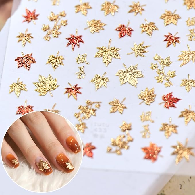 1Sheet 5D Embossed Thanksgiving Nail Art Stickers Self Adhesive Bronzing Fall Maple Leaves Design Nails Decals for Acrylic Nails Fiery Red Maple Leaf Nail Sticker for Women Autumn Nails Decor Supplies
