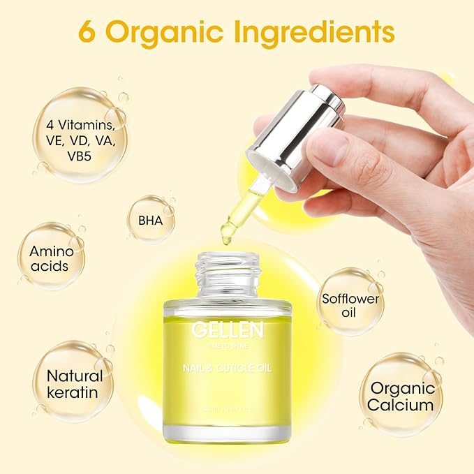 Gellen Nail Cuticle Oil for Growth and Strength, Natural Keratin Vitamin E Nail Growth Oil, Organic Cuticle Nails Serum for Hydrating, Nourishing, Strengthening, Repairing