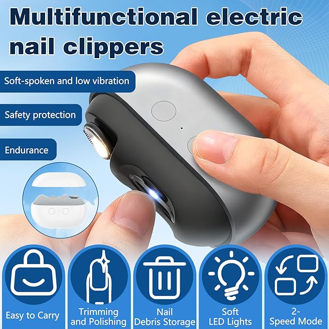 Easyclip Smart Nail Clipper, 3 in 1 Fanyil Easy Clip Nail Clippers,Electric Nail Clippers for Seniors, Polishing Clipper with LED Light & Nail Scraps Storage, for Limited Mobility People (Grey)