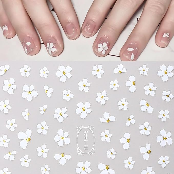 Flower Nail Art Stickers Decals, 3D Self-Adhesive White Flower Nail Design, Cherry Blossoms Nails Art Decoration for DIY Decoration Stencil Tools