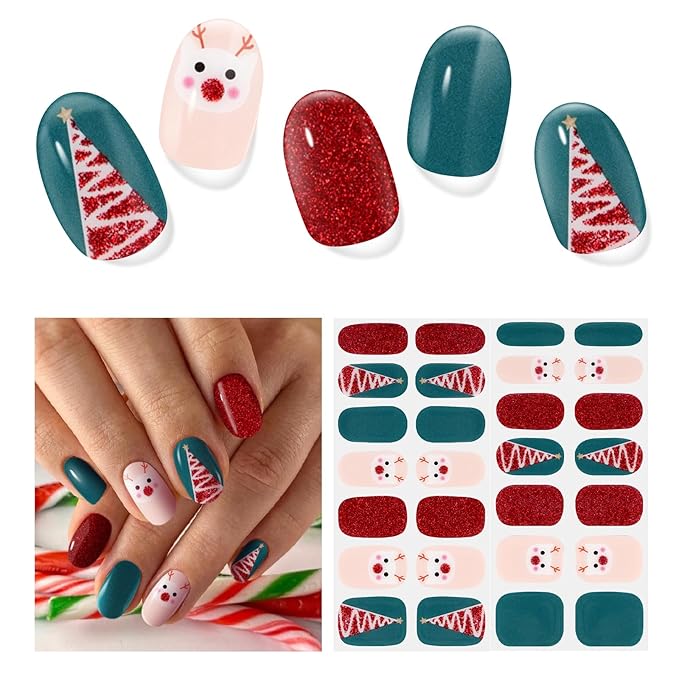 Semi Cured Gel Nail Strips,28 pcs Christmas Nail Stickers for Women,Long Lasting Gel Strips with Any UV Light,Red Green Christmas Sticker for Nails Easy to Apply