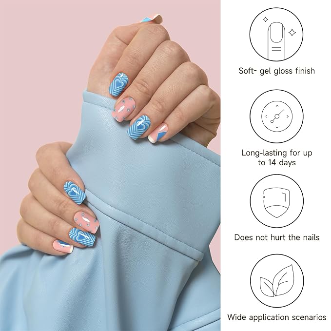 Semi Cured Gel Nail Strips, Blue Heart | 28 pcs Gel Nail Strips Work with Any UV Lamp, Salon Quality UV Nails Stickers, Easy to Apply for Home Nails DIY