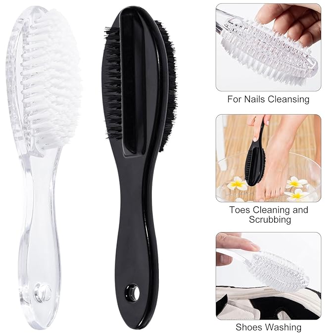Nail Brush for Cleaning Fingernails 6 PCS, Long Handle Grip Double Sided Nail Foot Scrub Brush Fingernail Cleaner, Soft Stiff Bristles Pedicure Nail Scrubber Non-Slip for Men Women Clear White