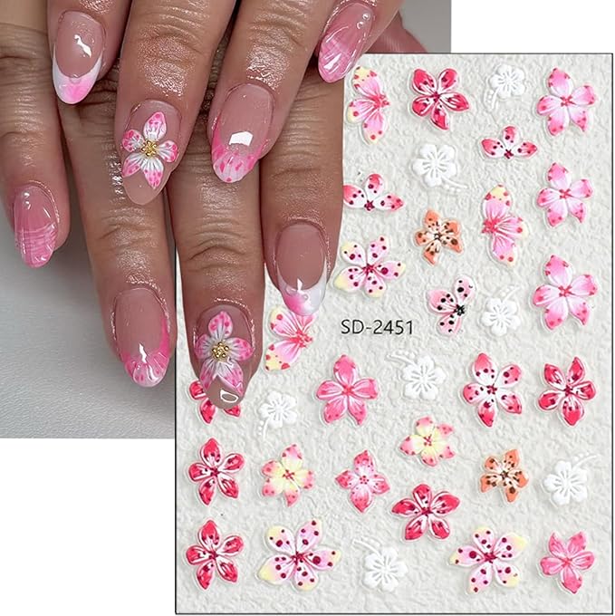 Summer Flower Nail Art Stickers Decals 5D Micro Embossed Hawaiian Flowers Nail Decals Tropical Ocean Starfish Summer Nail Stickers Lily Hibiscus Design Floral Nail Supplies for Acrylic Manicure 3Pcs