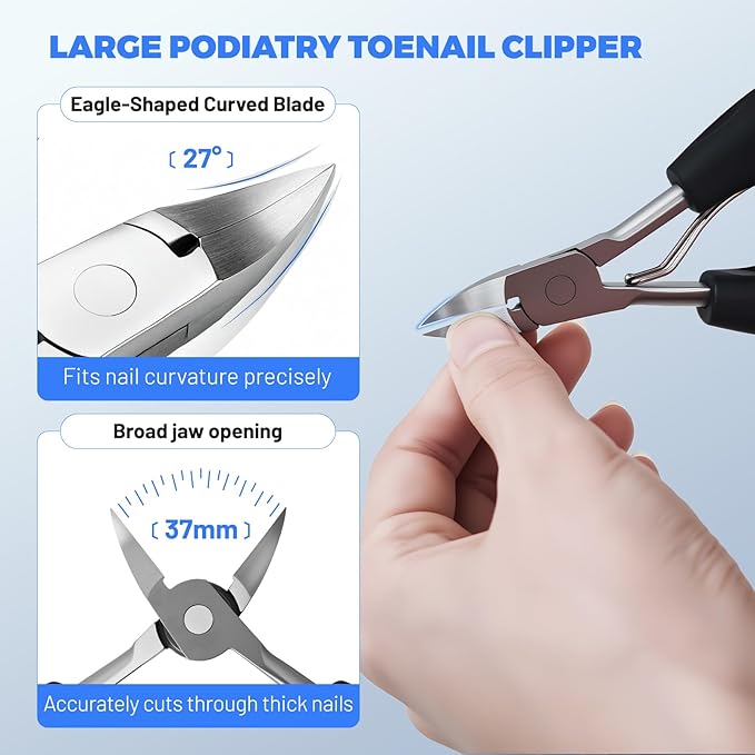 Heavy Duty Toenail Clippers for Seniors with Thick Toenails, Nail Clippers for Men & Women, Slanted Curved Blade with Angled Head, Wide Jaw Toenail Cutter with Catcher & Long Handle 5 Piece Set