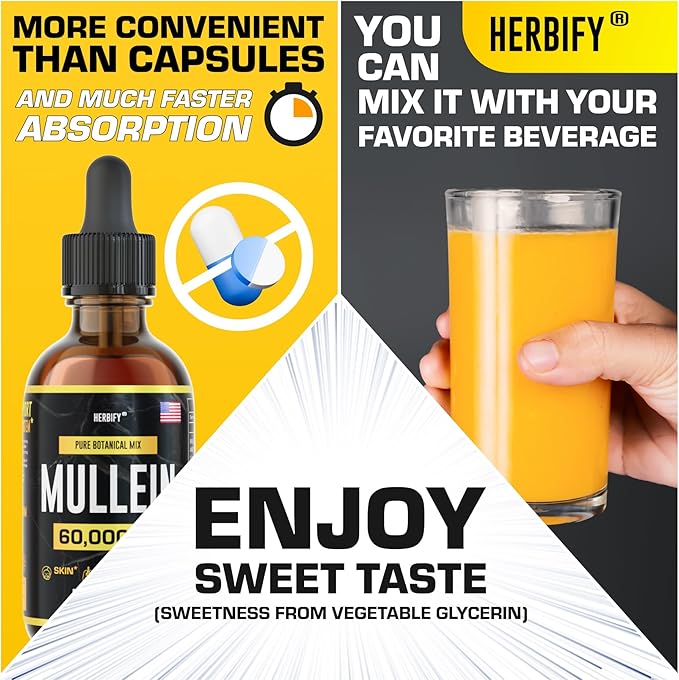 HERBIFY Mullein Extract 2 oz Tincture for Respiratory Health, Mullein Leaf and Flowers Blend (Verbascum Densiflorum)