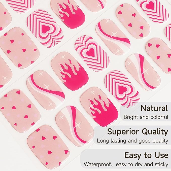 Semi Cured Gel Nail Strips, Pink Heart | 28 pcs Gel Nail Strips Work with Any UV Lamp, Salon Quality UV Nails Stickers, Easy to Apply for Home Nails DIY