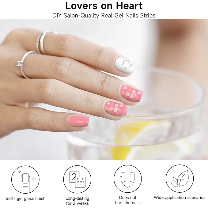 Semi Cured Gel Nail Strips, Lovers on Heart | 28 pcs Gel Nail Strips Work with Any UV Lamp, Salon Quality UV Nails Stickers, Easy to Apply for Home Nails DIY