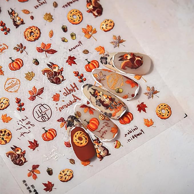 Fall Nail Art Stickers 5D Embossed Maple Leaf Squirrel Nail Decals 1PCS Falling Leaves Pumpkin Pinecone Autumn Nails Design Engraved Fall Stickers for Thanksgiving Day DIY Manicure Nail Art Decoration