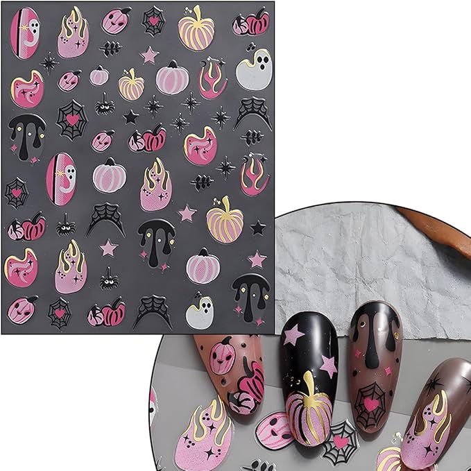 12Pcs Halloween Nail Stickers - Halloween Nail Decals - 3D Self-Adhesive Ghosts Pumpkin Spider Web Nail Design Decorations for Halloweens DIY Manicure Supplies - Nail Art Decorations Accessories