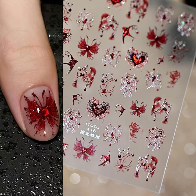 Halloween Nail Stickers for Nail Art 5D Red Rhinestone Spider Nails Decals Self Adhesive Bloody Butterfly Heart Spider Web Design Halloween Spider Nails Art Stickers for Women Manicure Supplies 1PCS