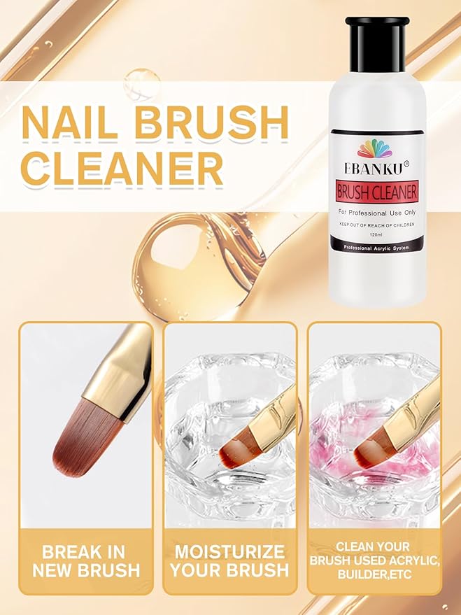 EBANKU 120ml Acrylic Nail Brush Cleaner, 3 in 1 Nail Art Brushes Conditioner Nail Brush Clean Solution Quickly Clean With Glass Cup and 100 Pcs Cleansing Pad for Solid Gel Polish/Nail Extension Gel