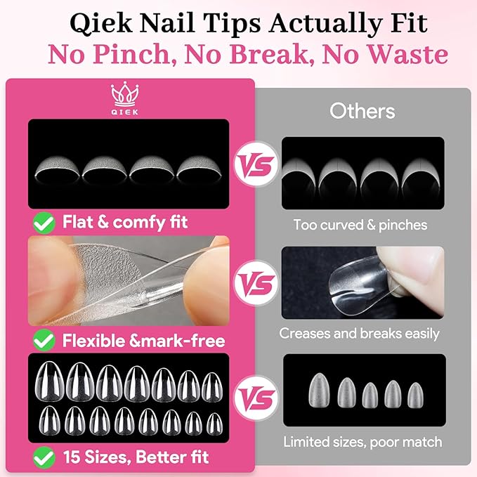Extra Short Almond Fake Nail Tips, 15 Sizes 240 PCS Clear Half Matte Press On False Nail Tips Pre-shaped Full Cover Gel Nail Acrylic Soft Tip Extensions Thick Long Lasting for Home DIY Nail Salon