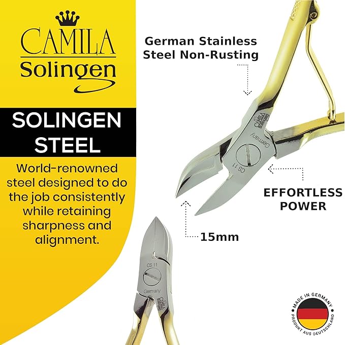 CS11 Professional 4" Fingernail Toenail Nipper/Clipper/Cutter for Manicure/Pedicure. Heavy Duty Precision Super Sharp Curved Stainless Steel 15mm Blade from Solingen Germany (Gold)