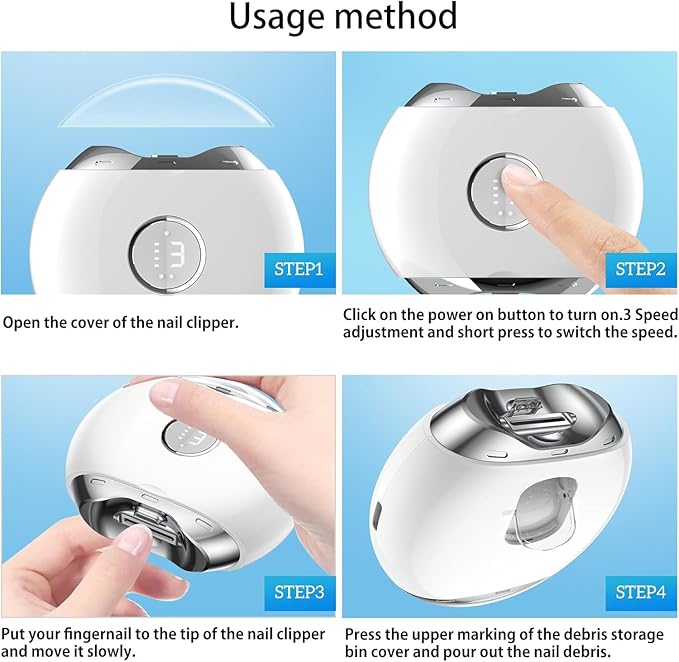 Electric Automatic Nail Clipper with LED Light & 3 Speeds,Fingernail Cutter and Polisher and Exfoliating 3 in 1 Design,Nail Scraps Storage Rechargeable Safety Fingernail Trimmer for Seniors and Adult