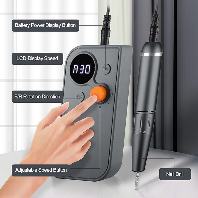 Professional Portable Nail Drill, 30000RPM Rechargeable Electric Nail File Machine for Acrylic Nails Gel Polishing Removing,Cordless E File Nail Drill Machine with Bits for Manicure Salon Home, Gray