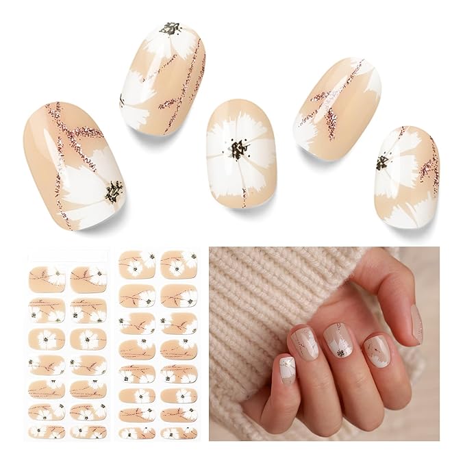 Semi Cured Gel Nail Strips - 30PCS Long-Lasting Nail Wraps, Salon-Quality Semi Cured Stickers, 2 Weeks Wear, Easy DIY Manicure-White Garden