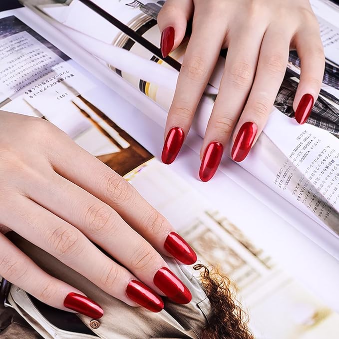 WOKOTO 20Pcs Chrome Red Gel Nail Strips with Nail File & Wooden Stick Holographic Red Semi Cured Nail Polish Strips UV Gel Nail Stickers Full Nail Wraps Stick On Nails Strips Decals for Women Girls