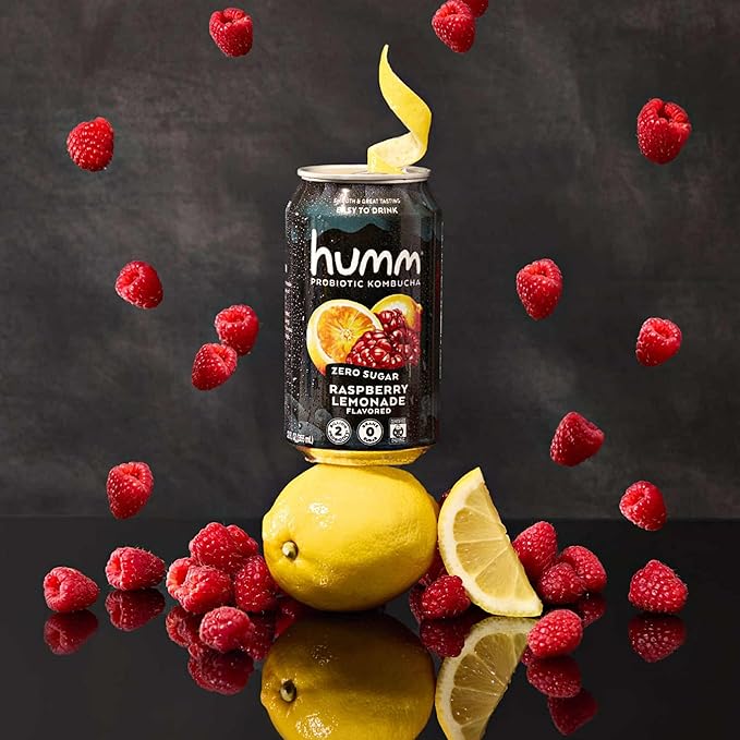 Humm Probiotic Kombucha Zero Sugar Raspberry Lemonade, No Refrigeration Needed, Keto Friendly, Organic, Vegan, Gluten Free, 12oz Cans (16 Pack)