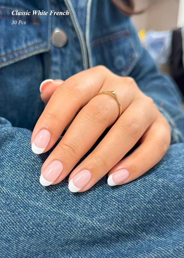 Semi Cured Gel Nail Strips (Classic White French), 30 Pcs Gel Nail Wraps, Stickers, UV Light Required