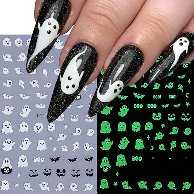 Halloween Ghost Nail Art Stickers Luminous Nail Stickers 6PCS Cute Ghost Bat Boo Halloween Nails Design 3D Self-Adhesive Nail Decals Nail Art Supplies Manicure Sliders for Women DIY Nail Decorations