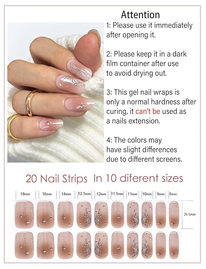 Semi Cured Gel Nail Strips, Laser Butterfly, Easy to Use and Remove, 20pcs Gel Nails Sticker for Home Nails DIY