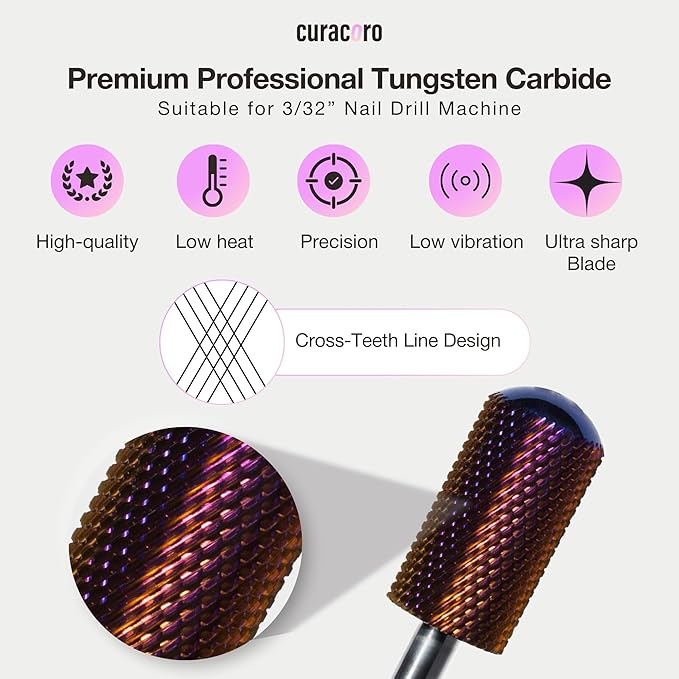 Curacoro Nail Drill Bits 3/32'' - L-Shape Smooth Stop Barrel Carbide Bit (Fine) for Professional Finish, Gently Remove, Buff & Polish Gel Nails, Nail Art Pedicure Manicure Salon & Home