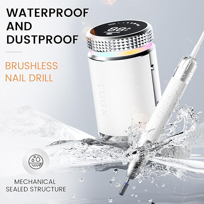 L'UGX Professional Nail Drill, Waterproof 35000RPM Brushless Nail Drill Machine, Rechargeable Nail Efile for Acrylic Gel Nails, Low Noise and Low Vibration, White