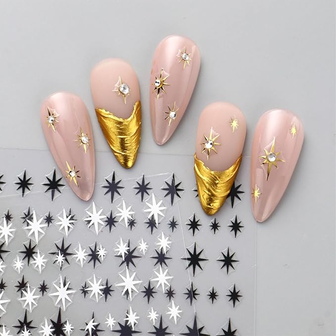 12 Sheets Star Nail Stickers Gold Silvery Nail Decals for Nails Art Black White Design Nail Supplies 3D Self-Adhesive Nails Decoration for Women