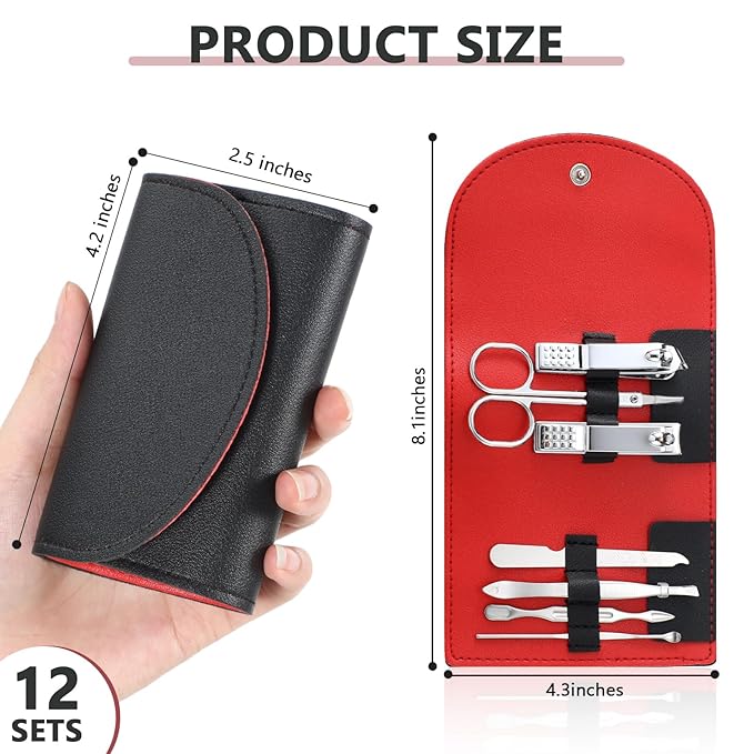12 Set Manicure Set Bulk Mini Manicure Nail Clipper Kit 7 in 1 Stainless Steel Professional Nail Care Pedicure with Travel Portable Bag Grooming Kits for Christmas Women Men Home(Black)