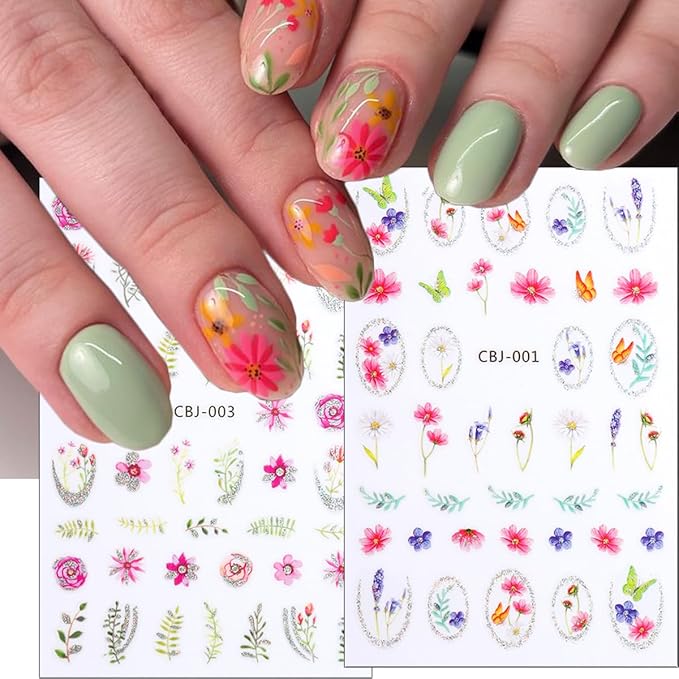 Flower Nail Art Stickers Decals 3D Silver Glitter Floral Nail Decals Spring Summer Leaf Rose Daisy Nail Stickers Colorful Cute Flower Nail Decoration Accessories for Women DIY Acrylic Nail 6Sheets