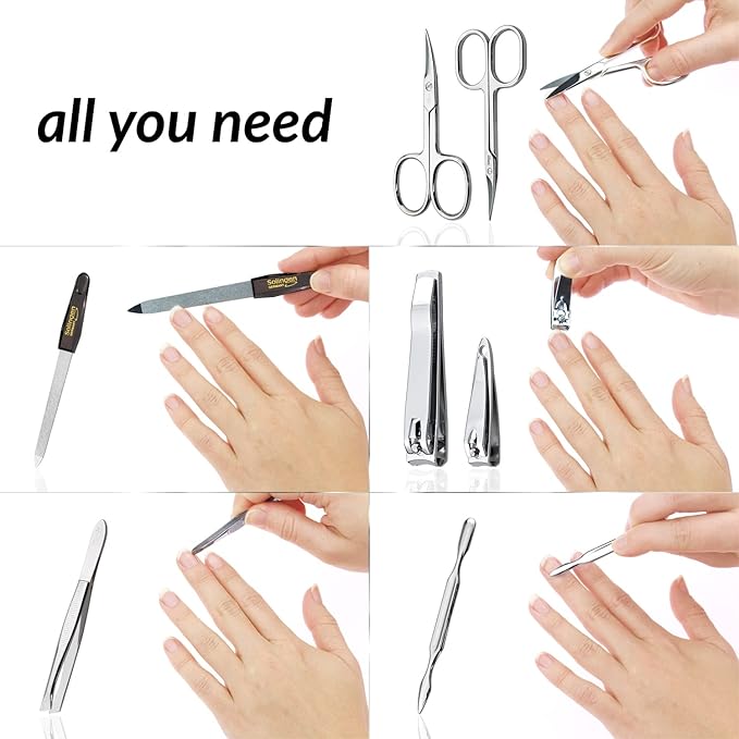 Manicure Set Solingen Made in Germany - 7 Piece Exclusive Finger & Toe Nail Clippers Kit for Women and Men in Real Leather Case, Color Brown