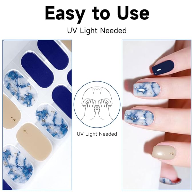Semi Cured Gel Nail Strips (Dark Blue), 28 pcs Gel Nail Stickers, Work with Any UV Lights, Long-Lasting NailWraps for Women Art DIY, Salon-Quality, Easy to Apply & Remove