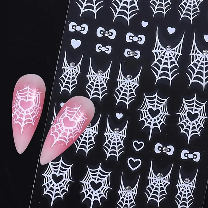 Halloween Nail Art Stickers Decals 4PCS White Spider Web Spider Nail Decals with Rhinestone Crystal Spider Web Spider Nail Stickers Bow Heart Halloween Nail Art Supplies for Women Manicure Decorations