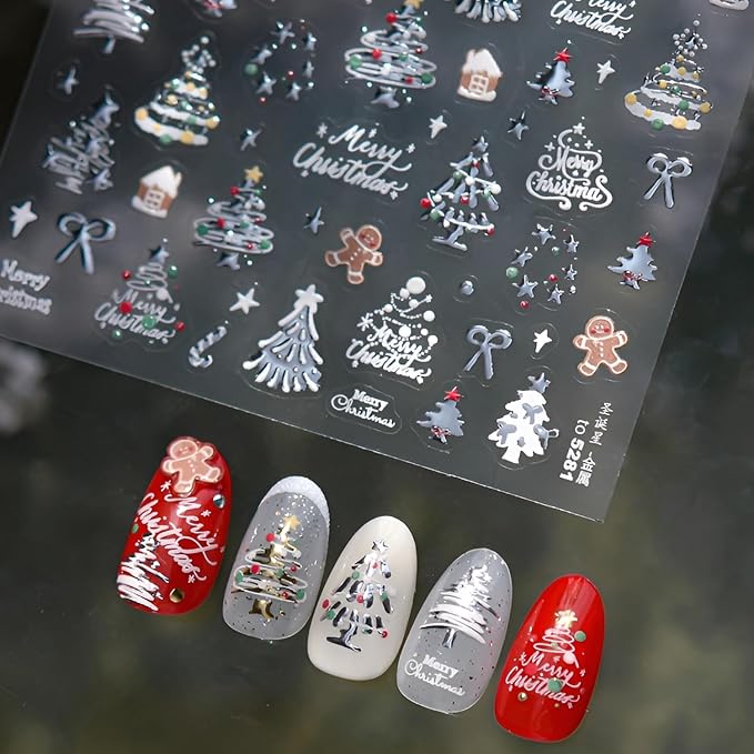 Christmas Nail Sticker for Nail Art 5D Self-Adhesive Silver Nail Stickers Winter Nail Decals Xmas Tree Gingerbread Man Nails Design Decoration Accessories for Women and Girls