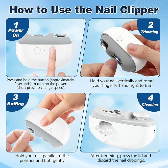 Easyclip Smart Nail Clipper, 3 in 1 Fanyil Easy Clip Nail Clippers,Electric Nail Clippers for Seniors, Polishing Clipper with LED Light & Nail Scraps Storage, for Limited Mobility People (Grey)