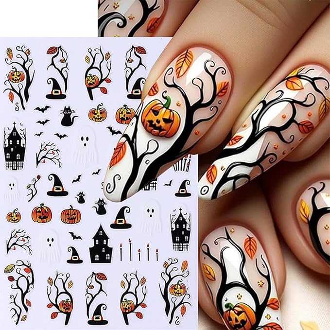 8 Sheets Halloween Nail Art Stickers 3D Self Adhesive Cute Ghost Pumpkin Nail Decals Flower Spooky Mushroom Nail Design Spider Bats Blood Drop Supplies for Women Scary Halloween Manicure Decoration