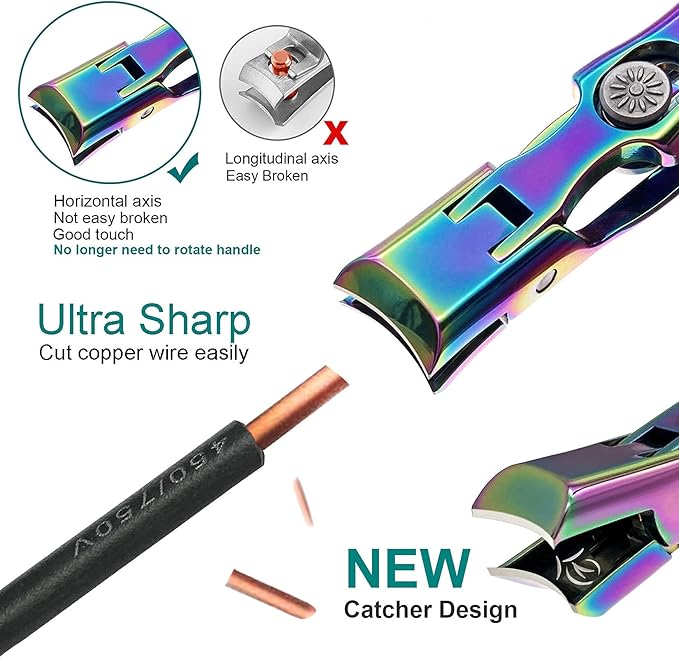 Nail Clippers for Thick Toenails and Fingernail, Large Wide Jaw Opening Heavy Duty No Splash Toenail Clippers with Catcher for Men Women Adults Seniors (Rainbow)