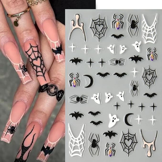 8 Sheet Halloween Nail Stickers Ghost Bat Spider Nail Decals 3D Self-Adhesive Spider Web Spooky Bat Spider Nail Art Stickers Design Gothic Nail Art Supplies for Holiday Acrylic DIY Nail Decoration