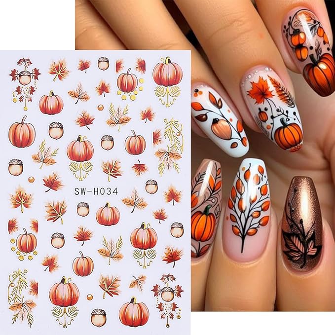 Fall Nail Art Stickers Autumn Leaf Pumpkin Nail Decals 3D Self-Adhesive Nail Art Supplies 6PCS Maple Leaves Pumpkin Nails Design Fall Stickers for Nails Women DIY Manicure Decorations Accessories