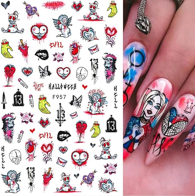 8 Sheets Halloween Nail Art Stickers 3D Punk Goth Nail Decals Evil Skull Rose Snake Nail Designs Sticker Self-Adhesive Halloween Nail Art Supplies Horror Zombie Nail Decorations for Women Manicure
