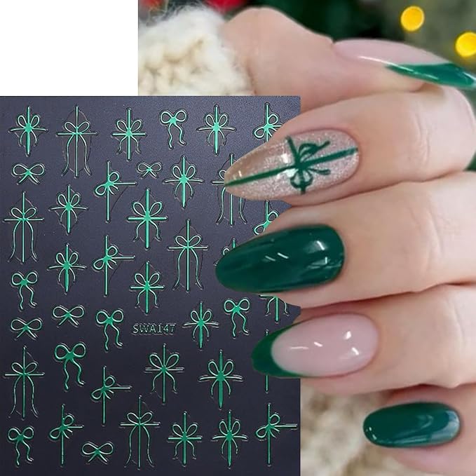 Christmas Nail Art Stickers Bow Nail Decals 3D Self Adhesive Nail Stickers for Nail Art Mixed Shaped Green Red Gold Design Cute Nail Sticker for Women DIY Holiday Manicure Supplies 6 Sheets