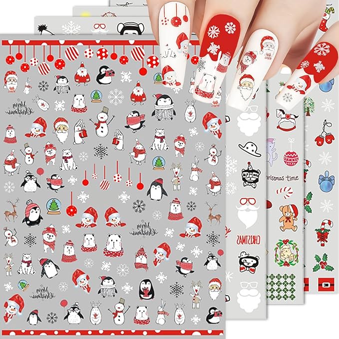 HNUIX Nail Stickers - 3D Christmas, Self Adhesive Nail Decals, Multi Colour Pattern, 10 Sheets, for Nail Art