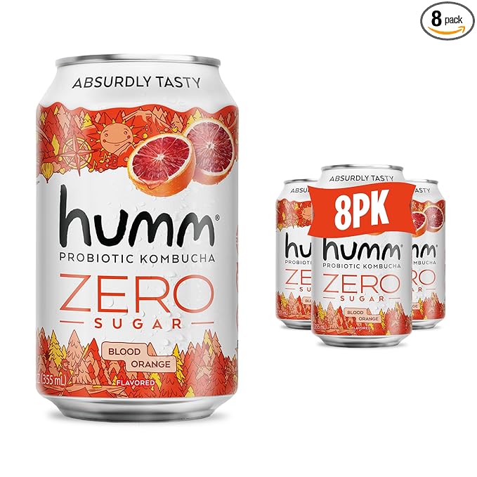 Humm Probiotic Kombucha Zero Sugar Blood Orange, No Refrigeration Needed, Keto Friendly, Organic, Vegan, Gluten Free, 12oz Cans (8 Pack)