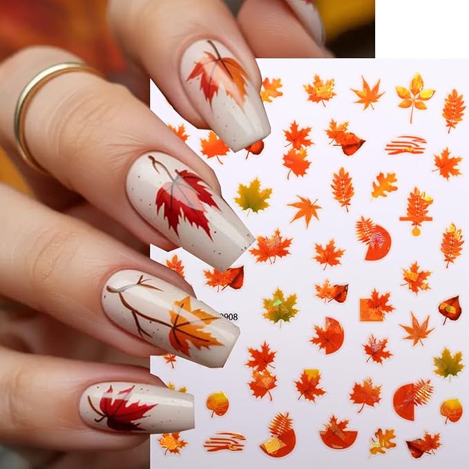 Autumn Nail Art Stickers Maple Leaf Nail Decals Fall Leaves Nail Stickers for Nails Art Mixed Leaf Red Yellow Orange Nut Wheat Design Thanksgiving Nail Sticker for Women DIY Manicure Decor 12 Sheets