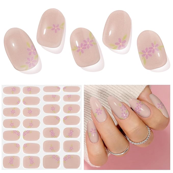 Semi Cured Gel Nail Strip, Wild Chrysanthemum | 28 pcs Gel Nail Strips Work with Any UV Lamp, Salon Quality UV Nails Stickers, Easy to Apply for Home Nails DIY