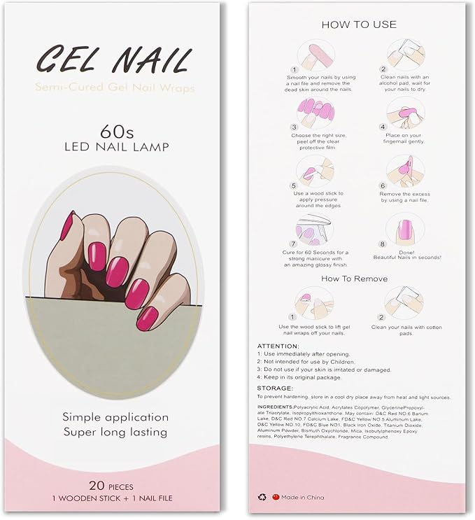 JMEOWIO Gel Nail Stickers Bright Pink Semi Cured Gel Nail Strips Wraps UV/LED Nails Art Design Decoration Accessories
